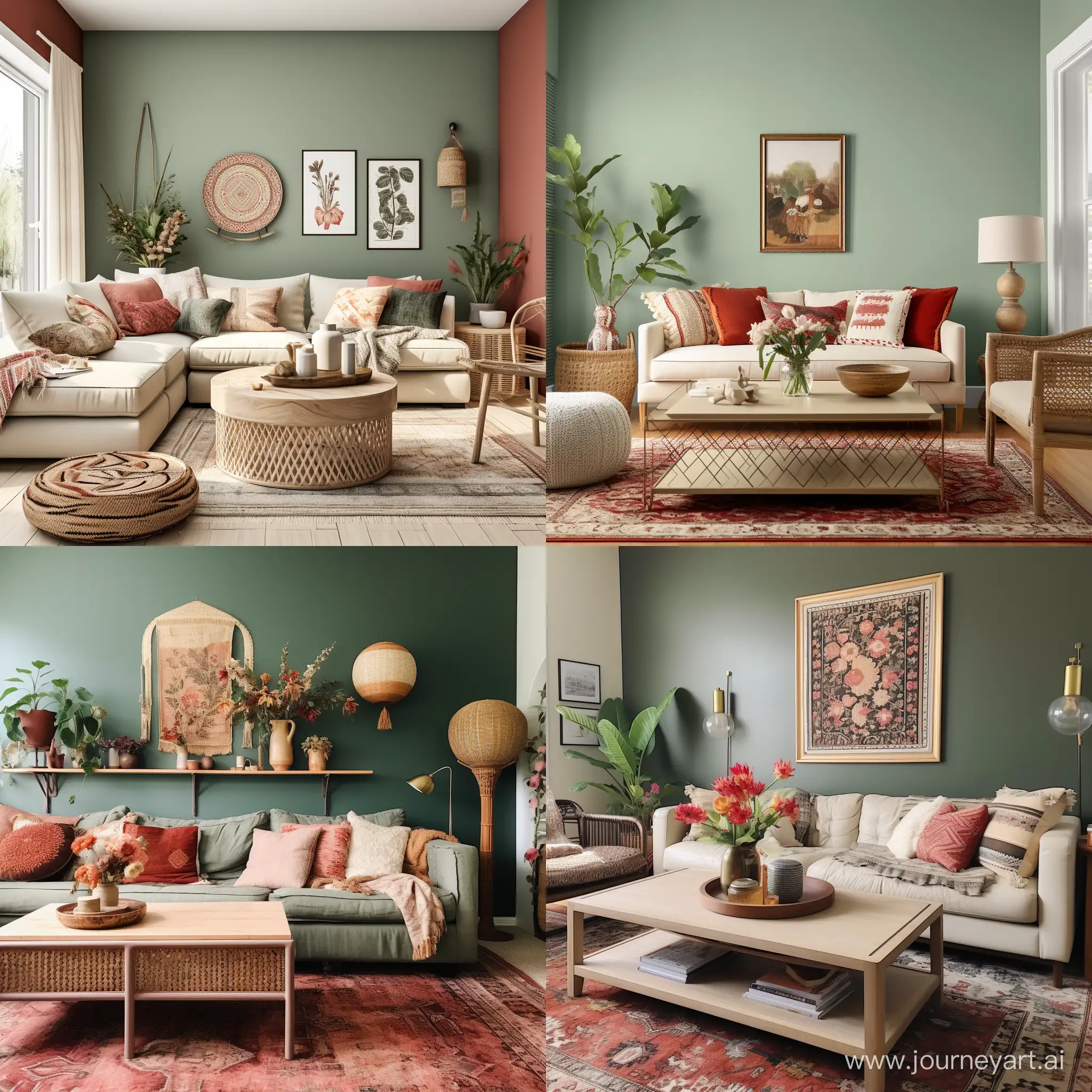 boho style living room with sage green wall red and cream accents