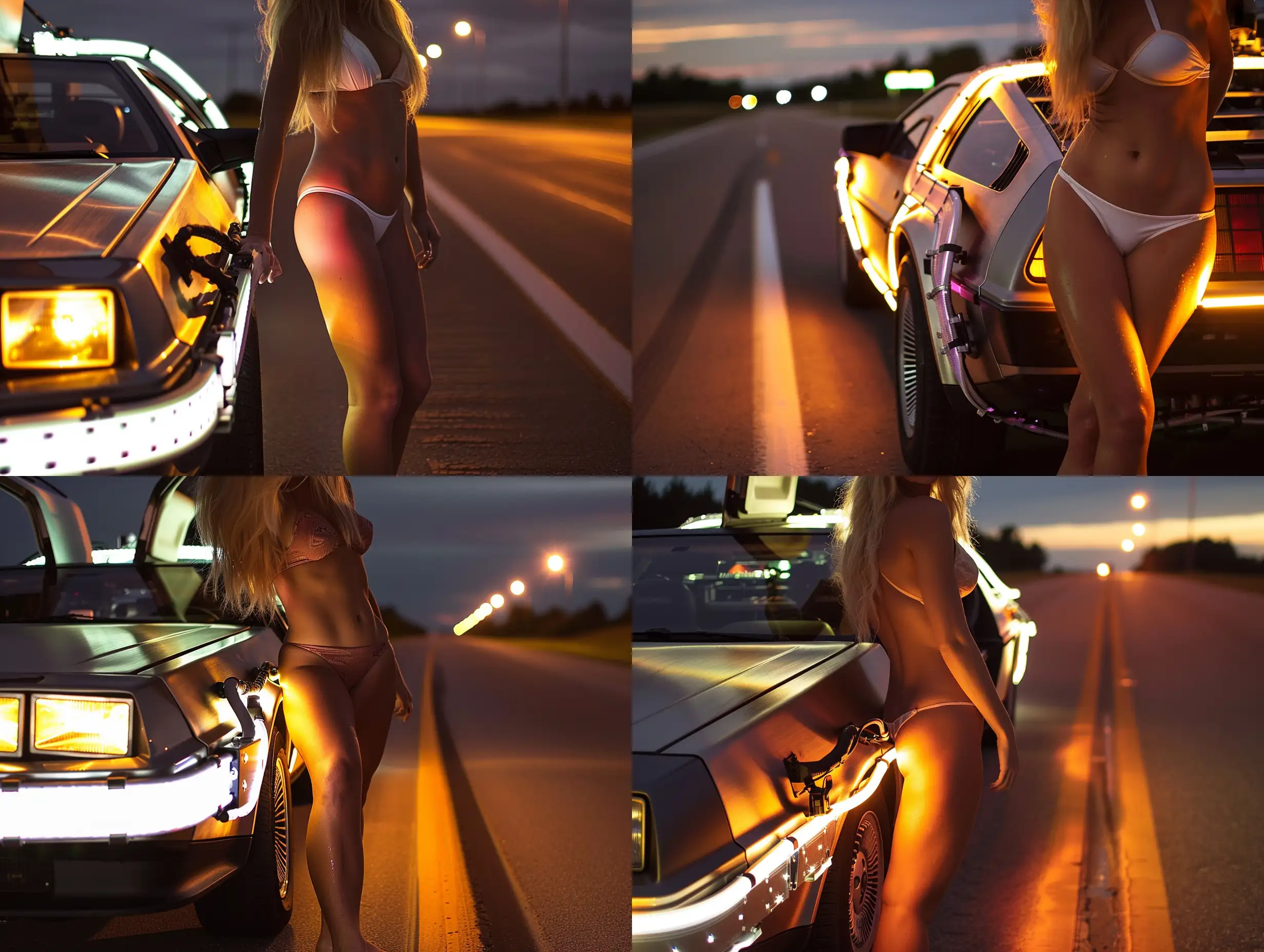 A closeup of a blonde woman in a swimsuit leaning against the side of a lit up Back to the Future Delorean on a deserted road at night, stunning photography