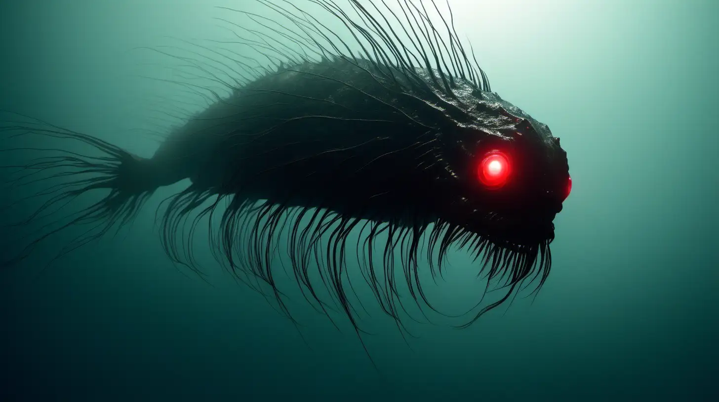 Deep sea darkness. A unexplainable creature. Far away from camera. Barley visible. Glowing Red eyes. Needle-like teeth.
