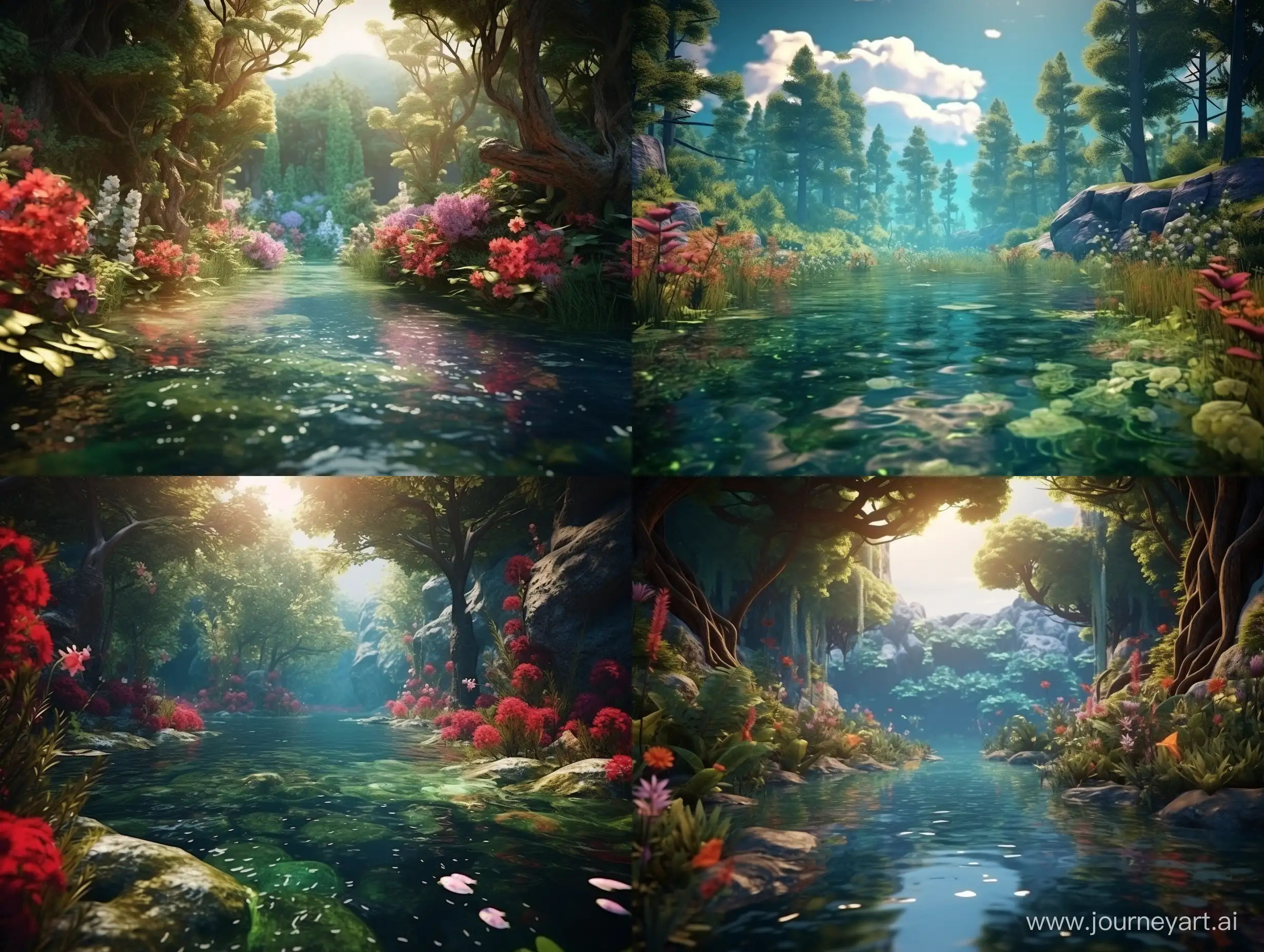 Unusual beautiful realistic lush overgrown clearing surrounded by water in a surreal style. 3d rendering, soft shadows, rich colors