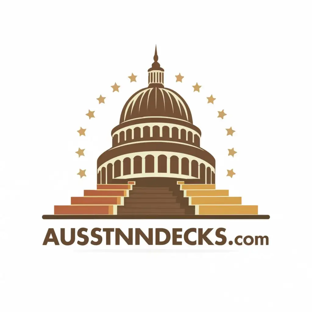 logo, A wooden deck extending into the background toward a capitol building dome with a star on top, with the text "AustinDecks.com", typography, be used in Construction industry