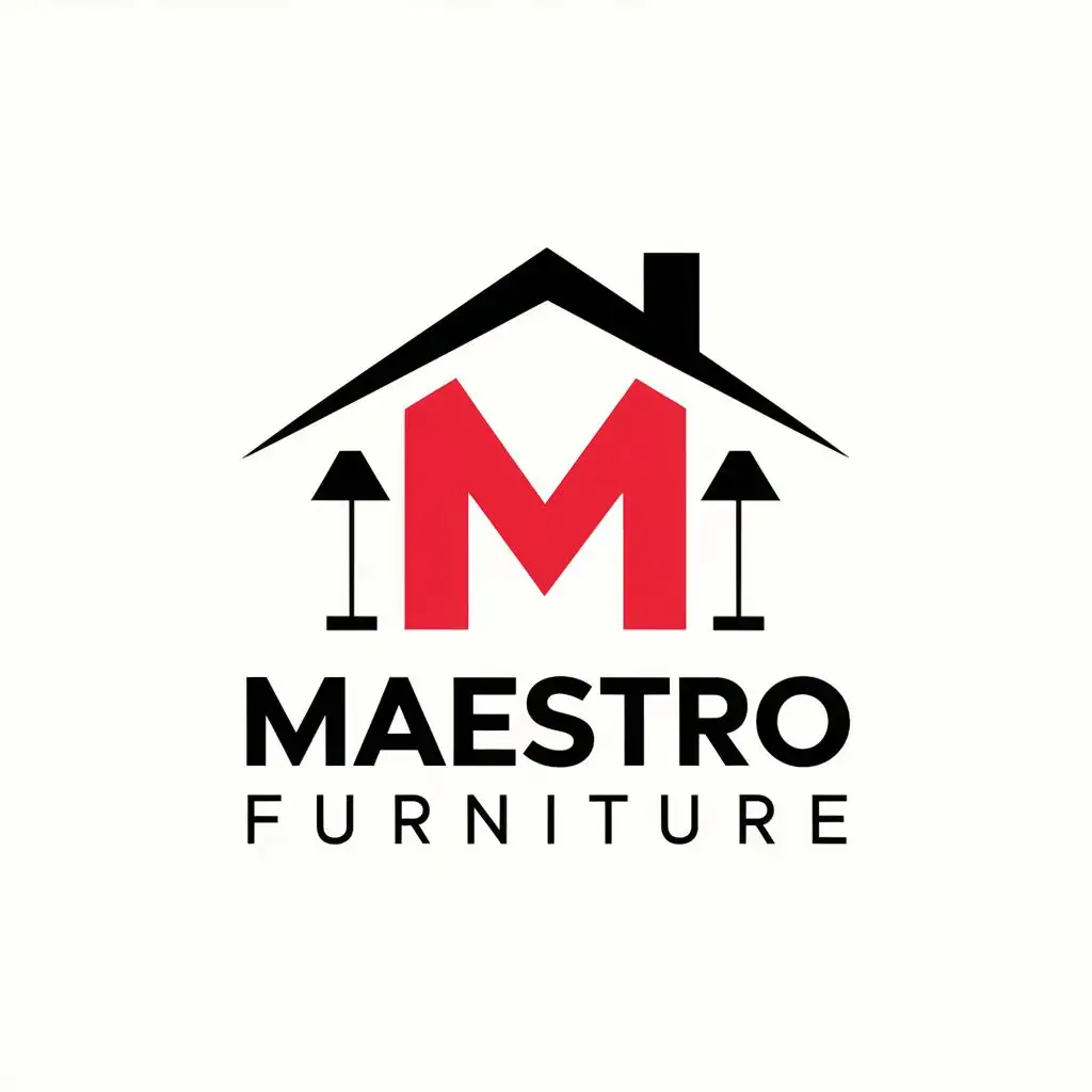 logo, My logo should color red and black and have a white background, there's a house with a roof that is designed as the letter M and has furniture (lamp and chair) inside the house. The design of the house should be the same as at least one letter in MAESTRO, with the text "MAESTRO furniture", typography