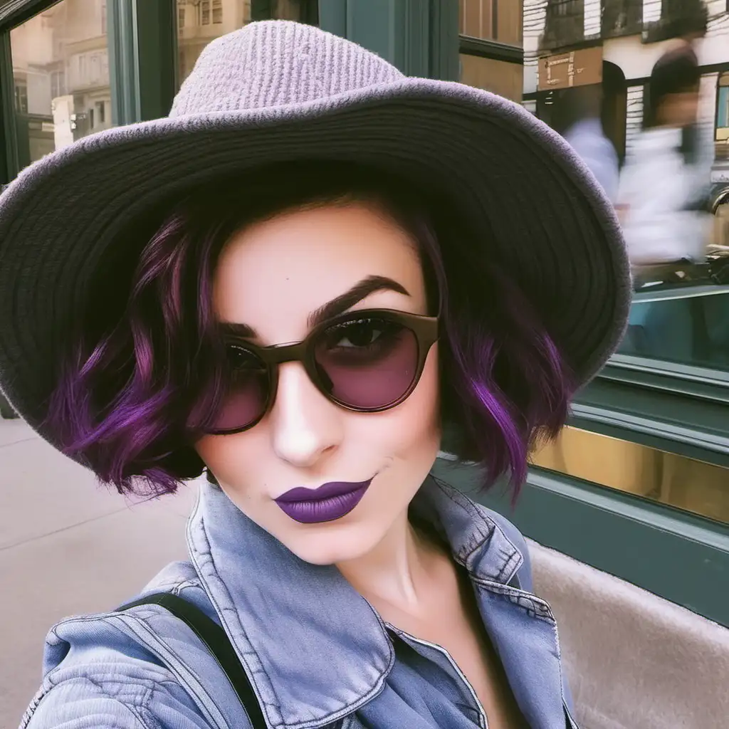 Generate a cartoon image of the photo above with a deep plum purple pixie haircut