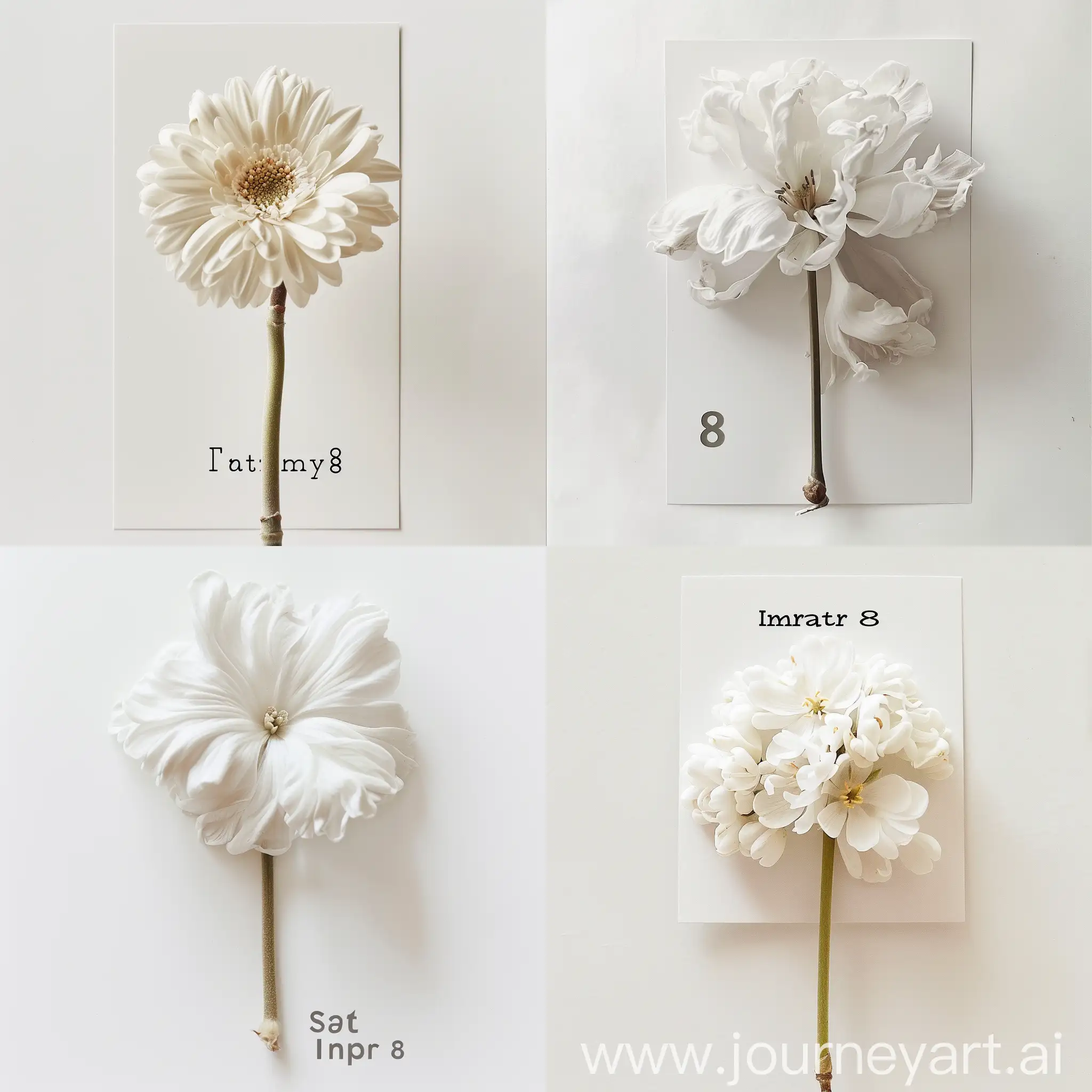postcard for March 8, in the middle there is a white flower with a stem, realism, white background