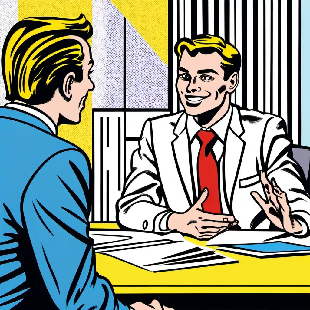 I would like a stunning picture of a white millennial male management consultant speaking and smiling to an interviewer during a job interview, in the style of Roy Lichtenstein. The candidate should be facing the viewer while the interviewer should have his back turned toward the viewer.