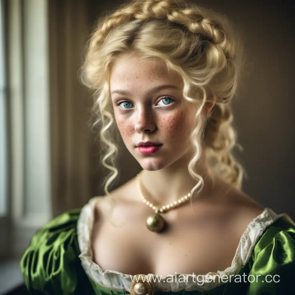 Красивая девушка, блондинка с зелеными глазами, с веснушками, собирается на бал времён 18 века