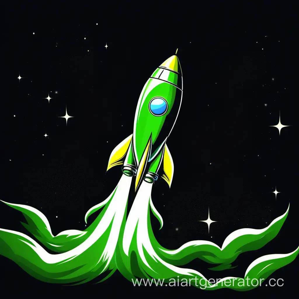 Green rocket which fly to the space on black ground