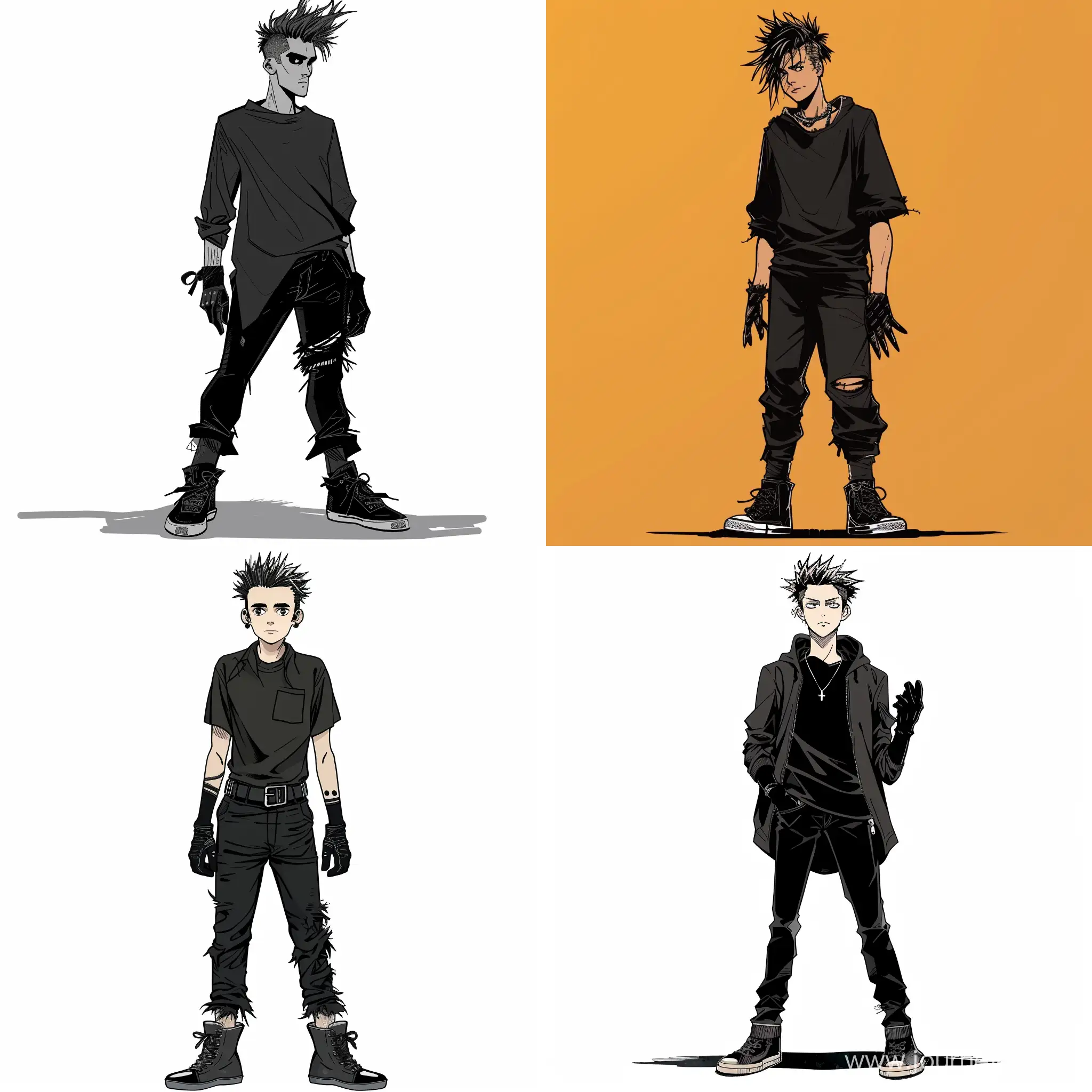 Comic-Style-Character-SpikyHaired-Man-in-Black-Clothing-and-OpenFingered-Gloves