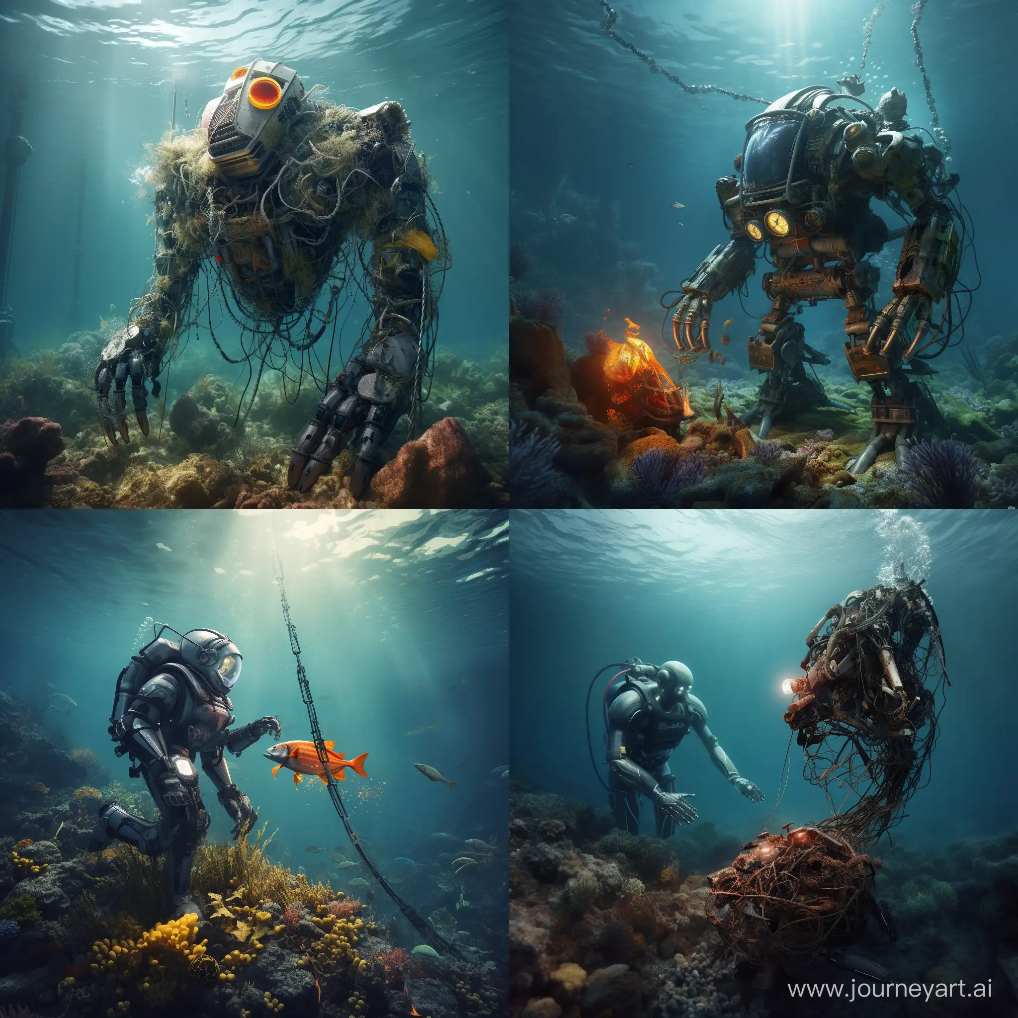 Create a robot that will pick up garbage on the seabed. and add i big net where the robot can put it