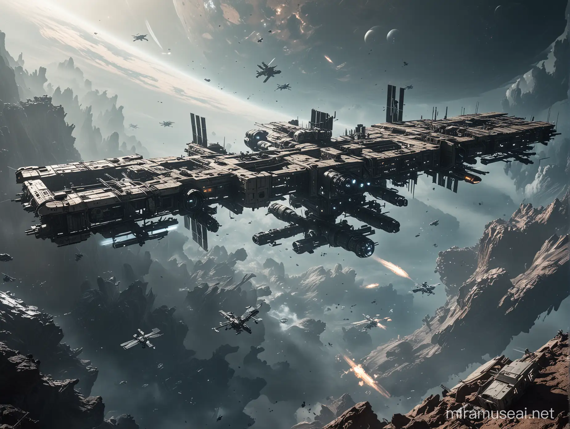 Photo of ISS space station in middle of a battle between aliens and humans, atmospheric perspective, roof visible, Sci-fi, future military, futuristic, post-apocalyptic, space station.