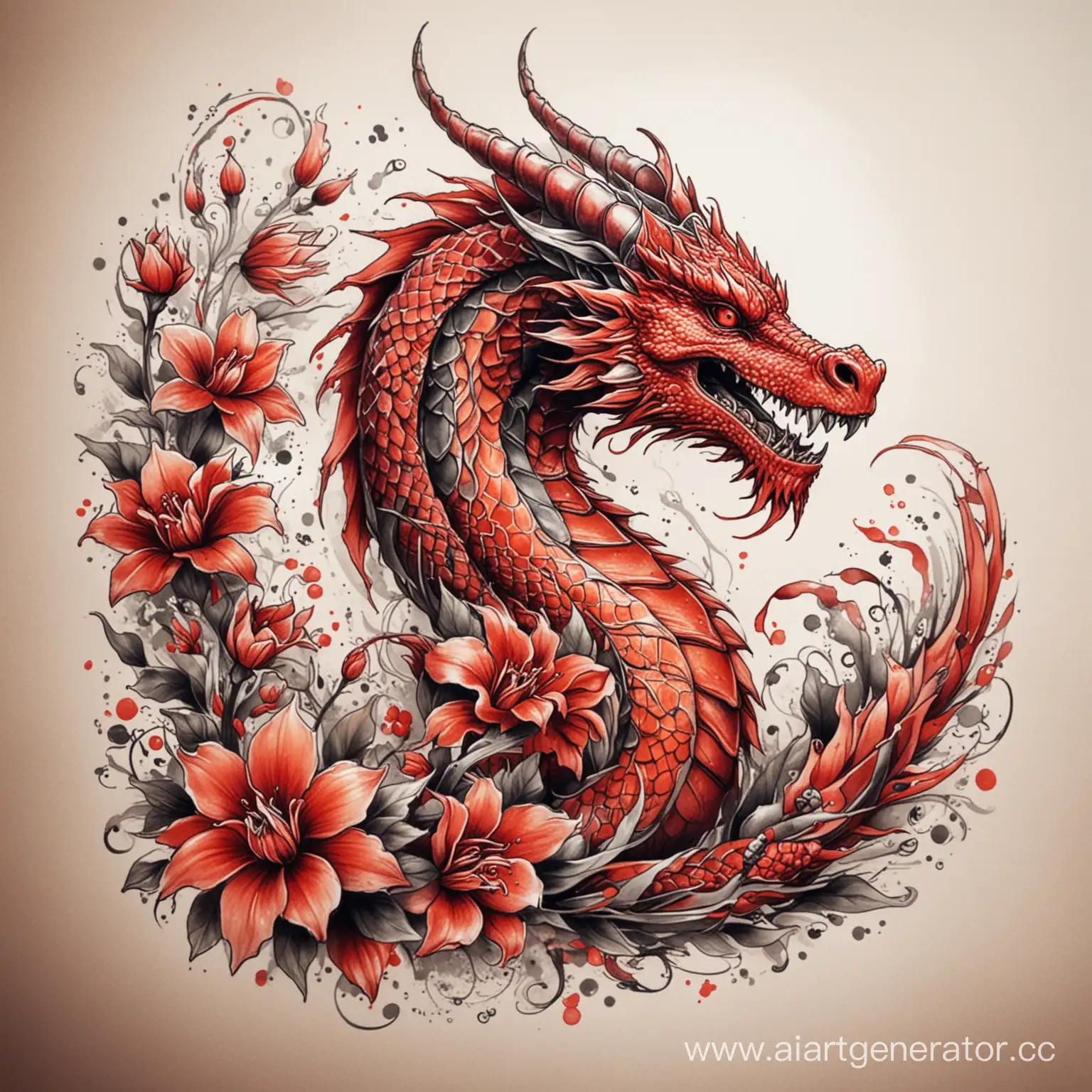 Red-Dragon-Tattoo-Design-Entwined-with-Vibrant-Flowers