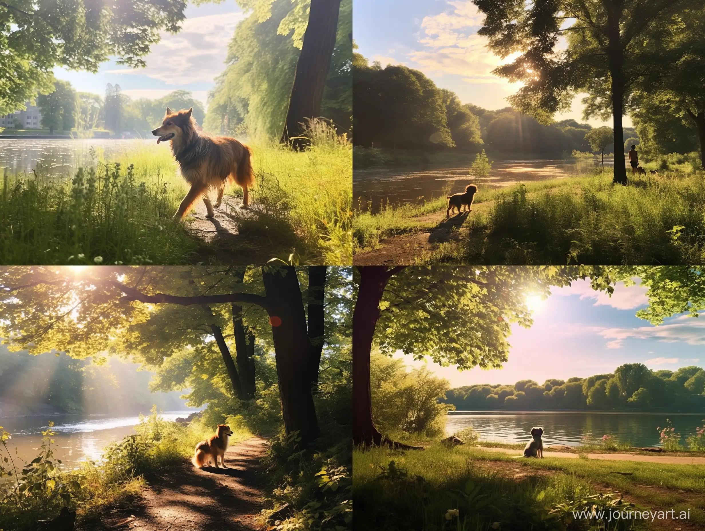 As I walked through the park near the river with my dog Max, the sun was shining brightly, and the atmosphere was peaceful.