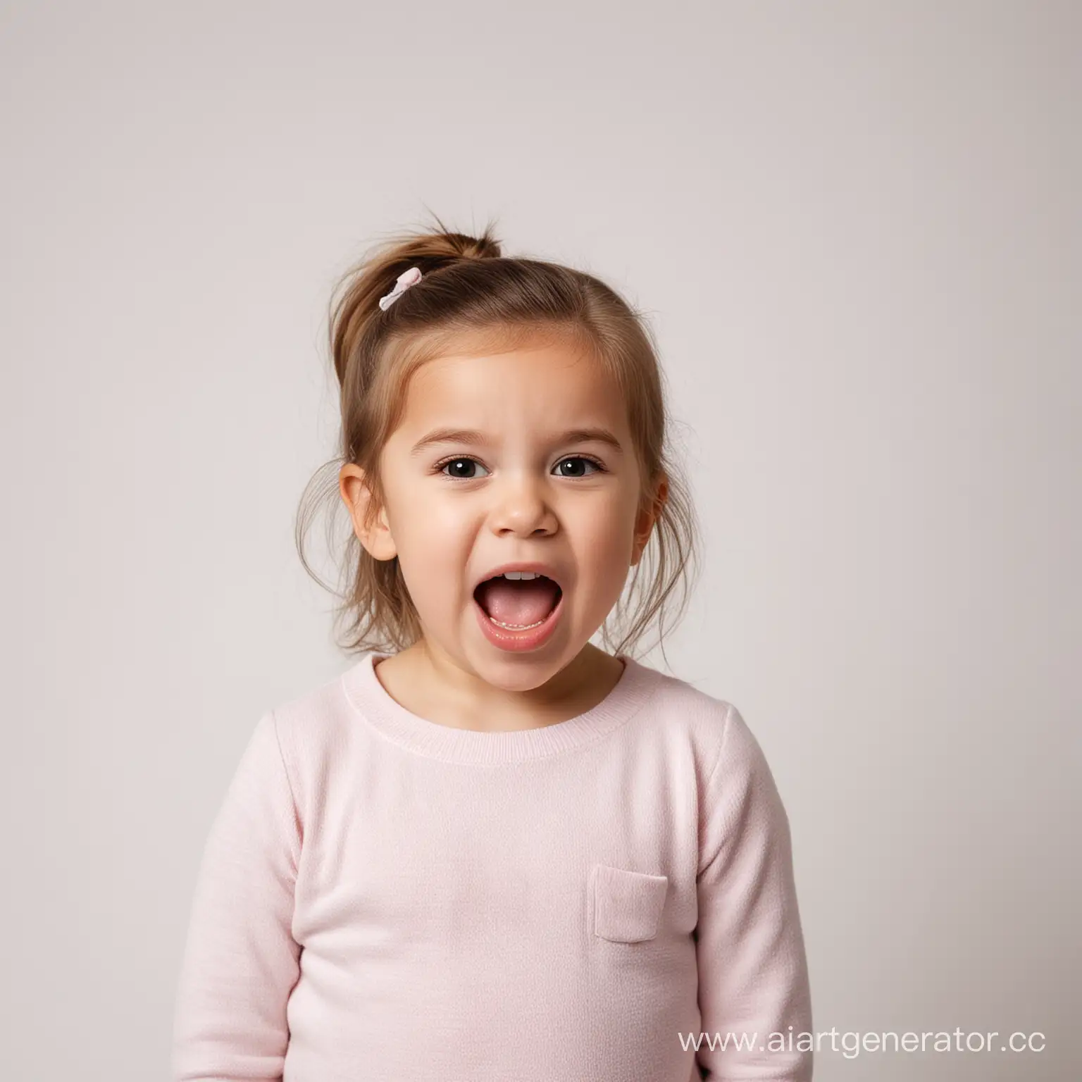 A cute little girl standing with one's mouth wide, white background.