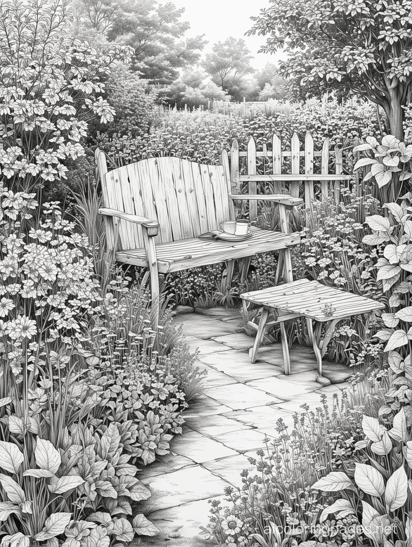 Create a picture for adult colouring in black and white only.  The theme of the picture: British garden. gardening. Style: sketching, ink, line drawings. the picture shows garden furniture standing in the garden. The detail of the drawing is medium.  Ratio 3:4, Coloring Page, black and white, line art, white background, Simplicity, Ample White Space. The background of the coloring page is plain white to make it easy for young children to color within the lines. The outlines of all the subjects are easy to distinguish, making it simple for kids to color without too much difficulty