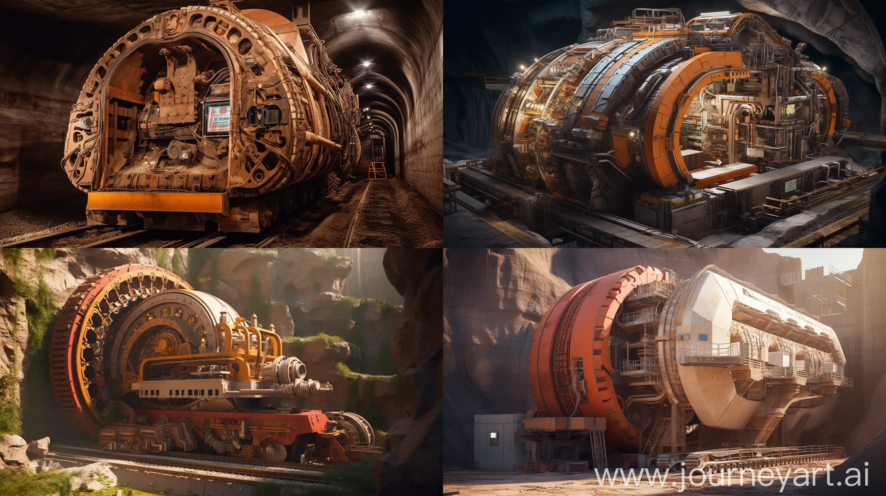 imagine; Delve into the intricate details of a modern tunneling machine tailored for building underground brick housing communities. The giant machine is a masterpiece of eco-conscious engineering --ar 16:9 --v 5 --q 2