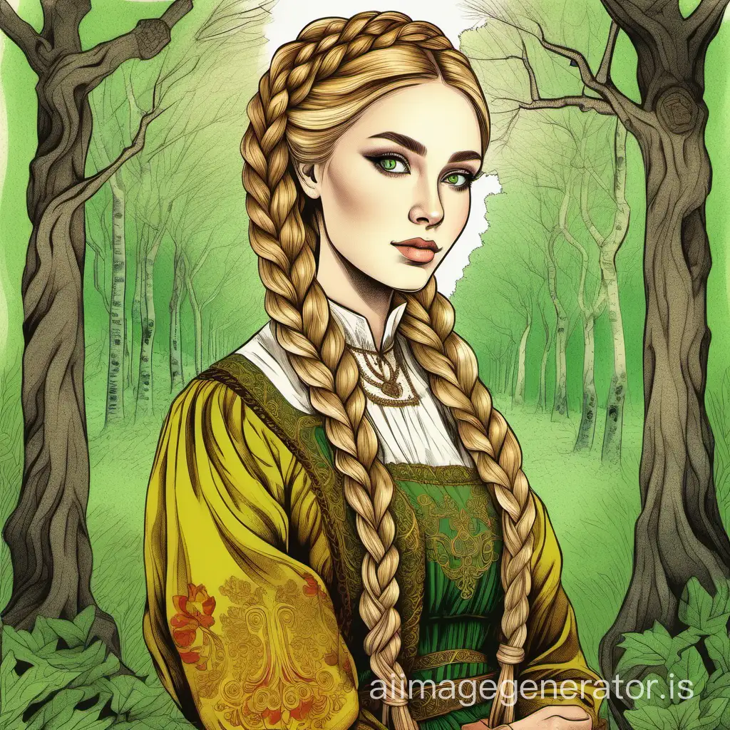 A modest Russian beauty with green eyes and a thick golden braid, in traditional Russian attire, against the backdrop of an oak grove, a drawing in colored ink