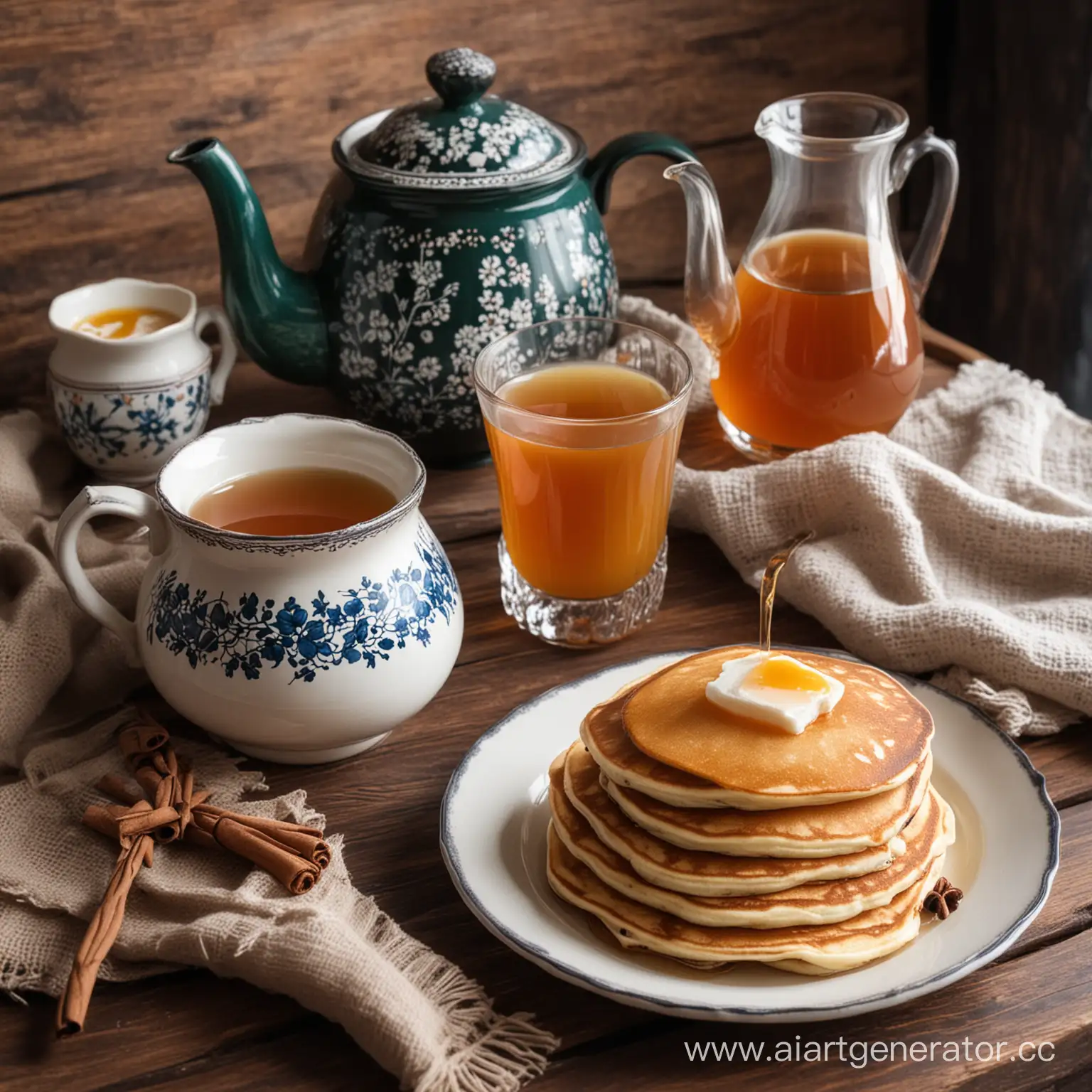 Cozy-Breakfast-Enjoying-Hot-Tea-and-Pancakes-in-a-Traditional-Russian-Izba