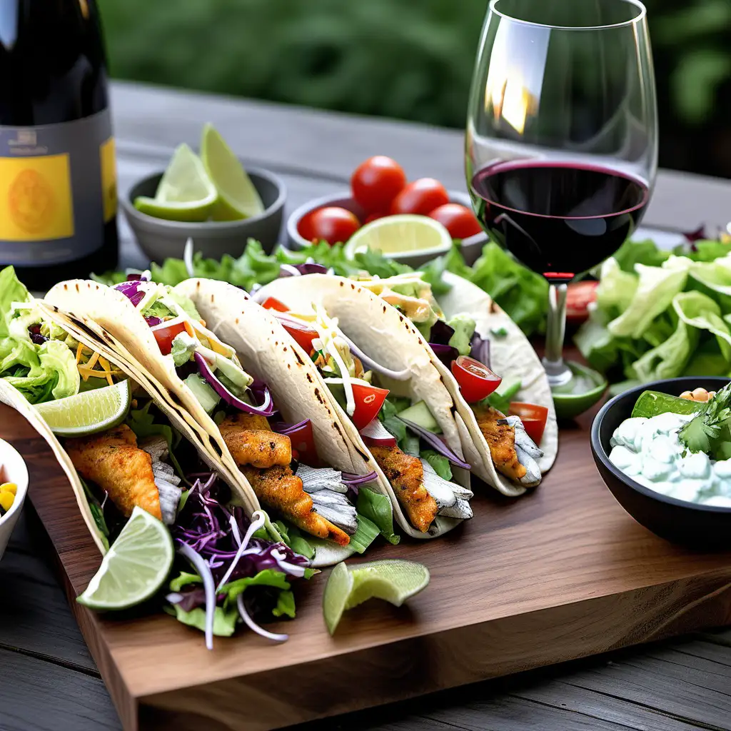 tacos de poisson sur une planche de bois, salade du jardin en accompagnement, 1 verre de vin