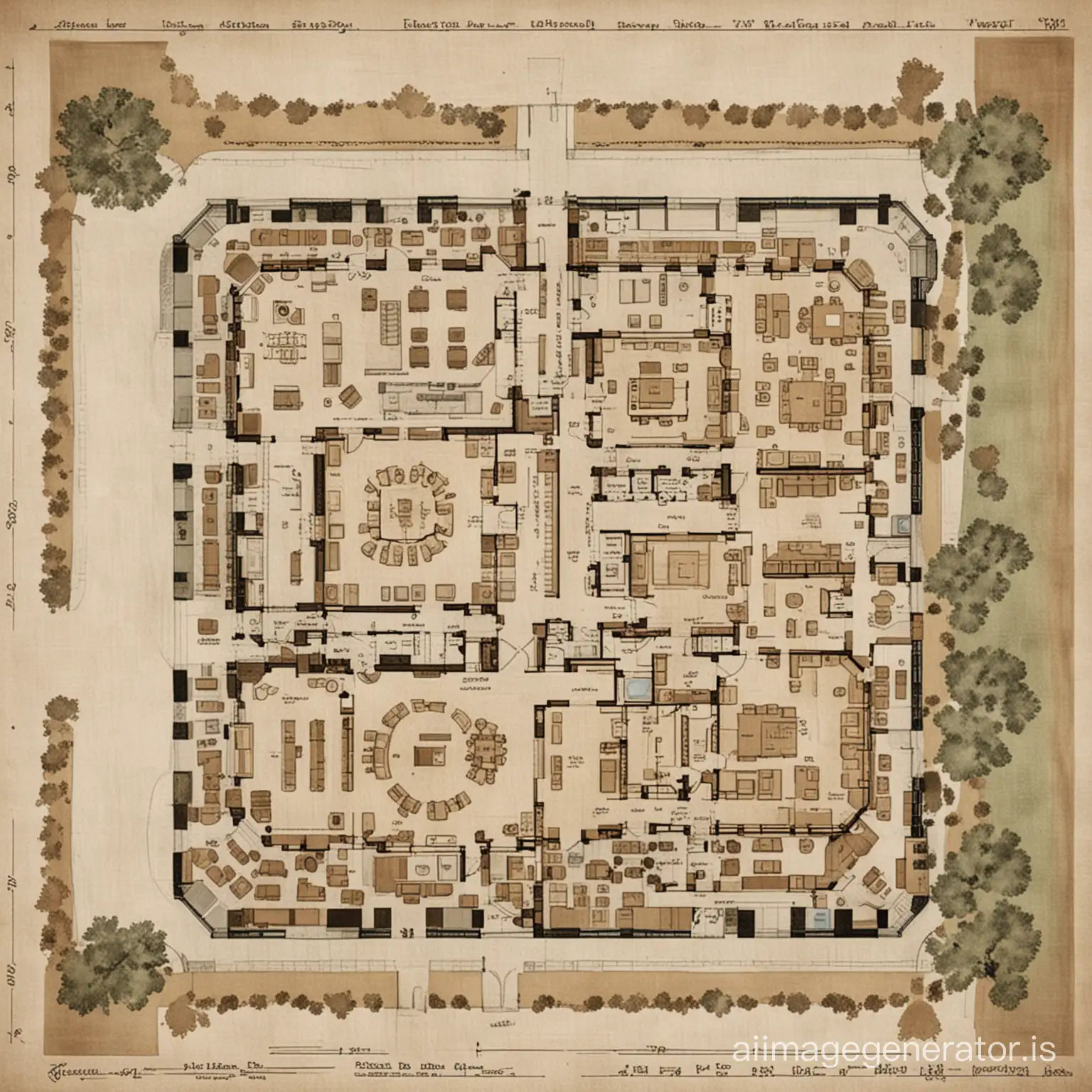 The floor-plan layout of the restaurant and museum, including the veranda, is shown with correct presentation of all building features, fixtures, rooflines, and dimensions.