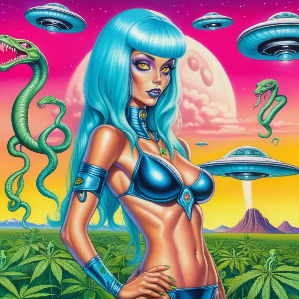 sexy exotic alien woman with snakes for hair, from another planet who just landed on earth in a cannabis field, bright colors in the background sky, flying saucers, alien dog, and a psychotic horse 

