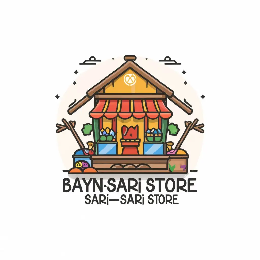 a logo design,with the text "Bayan Sari-Sari Store", main symbol:A colorful illustration of a traditional Filipino bahay kubo (nipa hut) with various products overflowing from its windows and door.,Minimalistic,be used in Retail industry,clear background