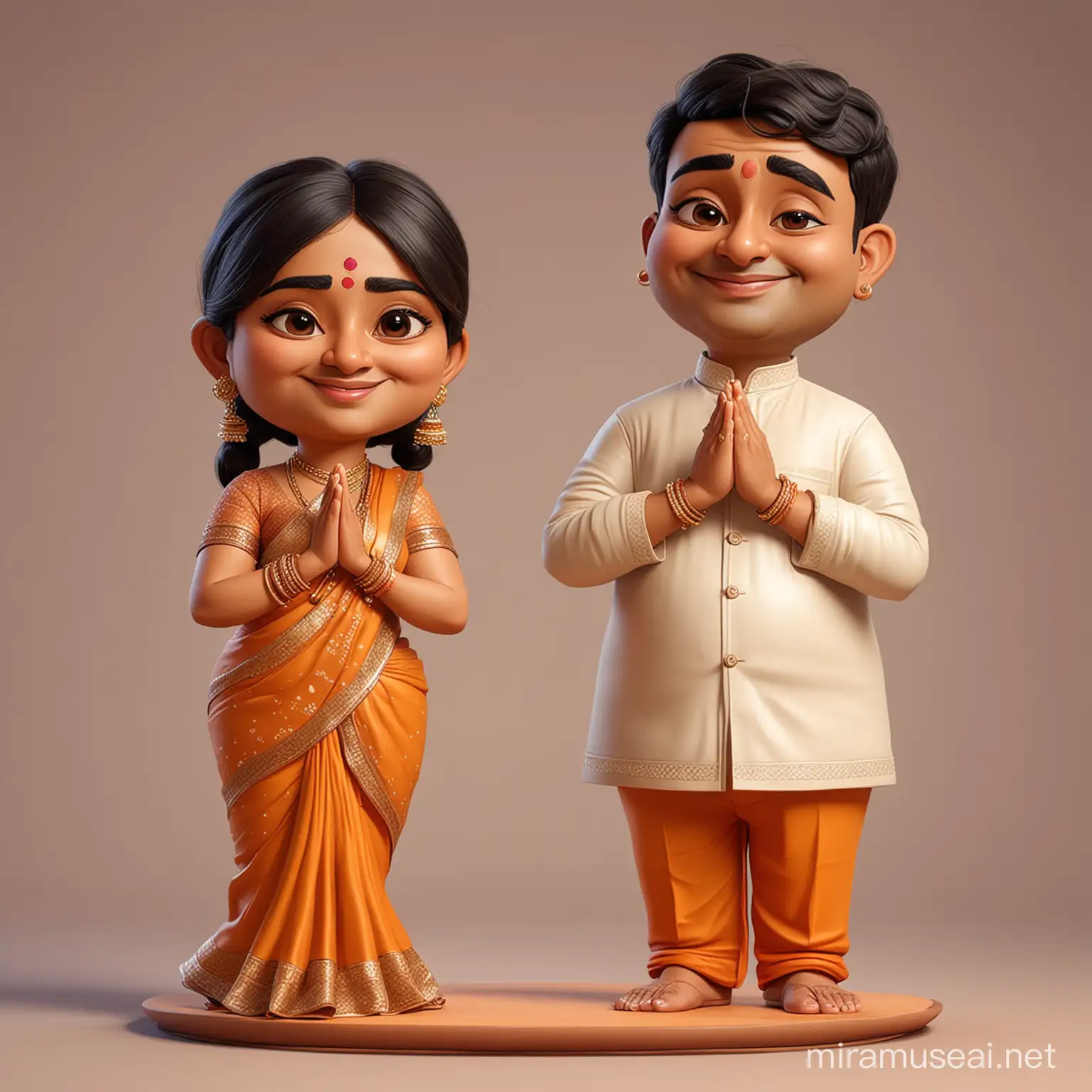 Charming Indian Couple Caricature in Traditional Attire with Folded Hands Namaste Gesture