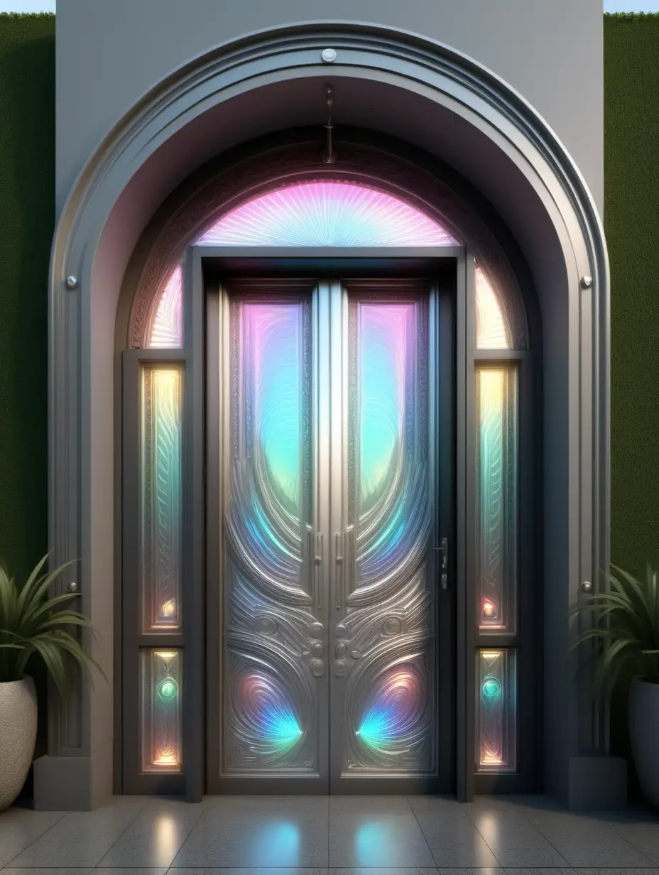 villa front door and entrance. modern holographic. very large push door. very intricately and microscopically detailed.
