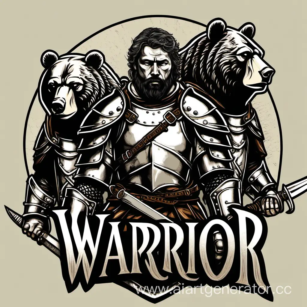 Stern warrior, man in armor, with two bears, logo, vector, realism