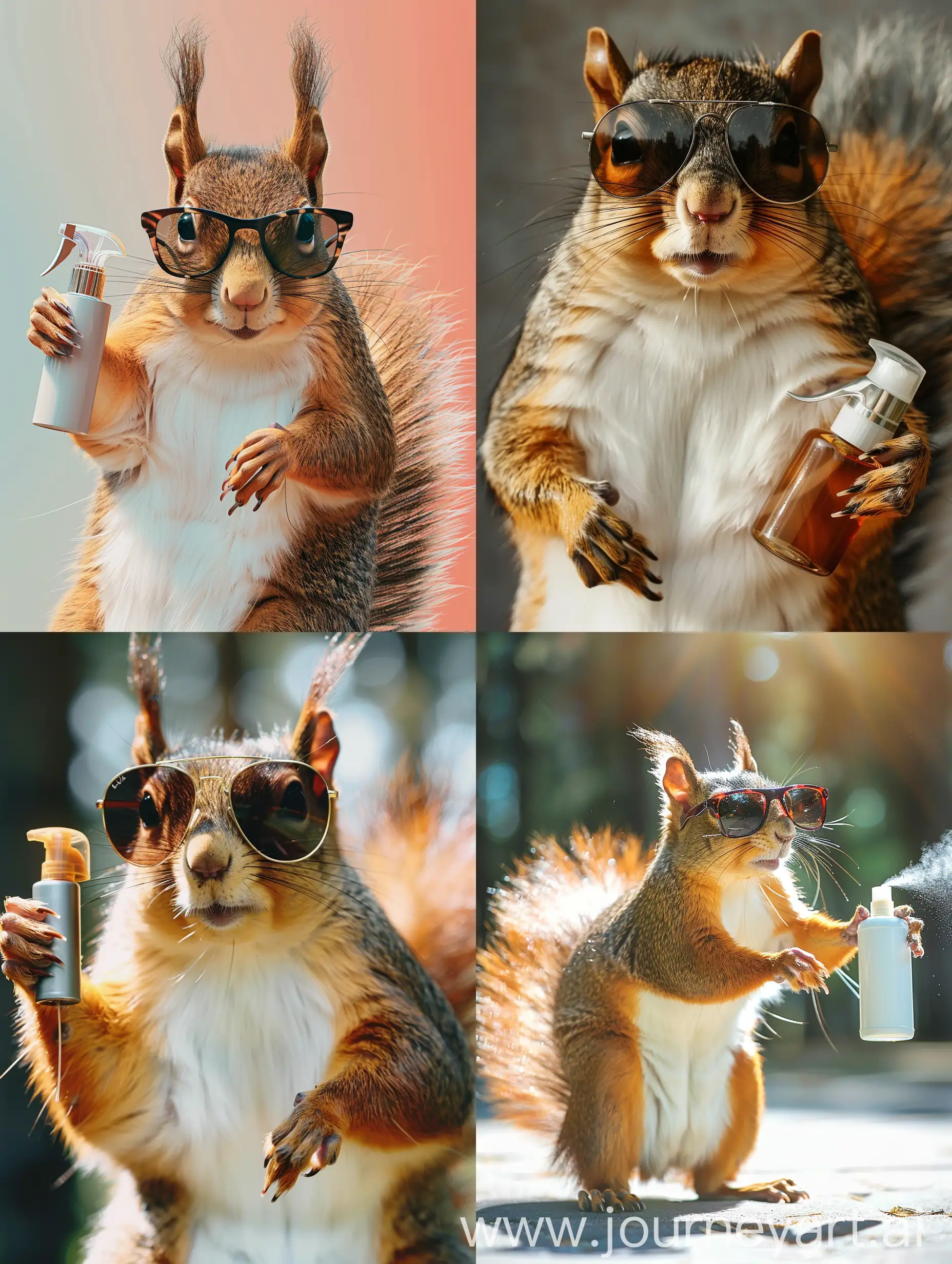 cool realistic squirrel wearing sunglasses holding a spray deodorant, happy, studio