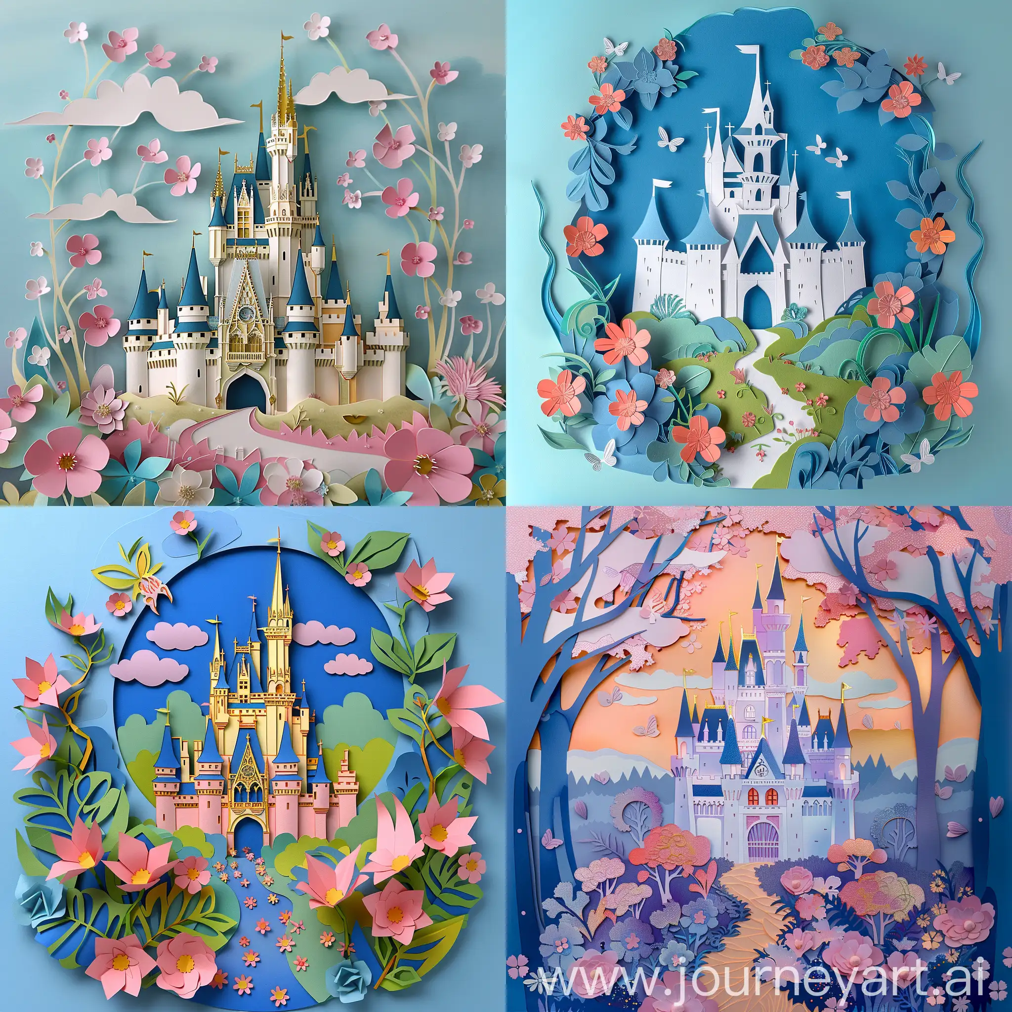Create papercut landscape capturing fairytale castle, surrounding blooming floors