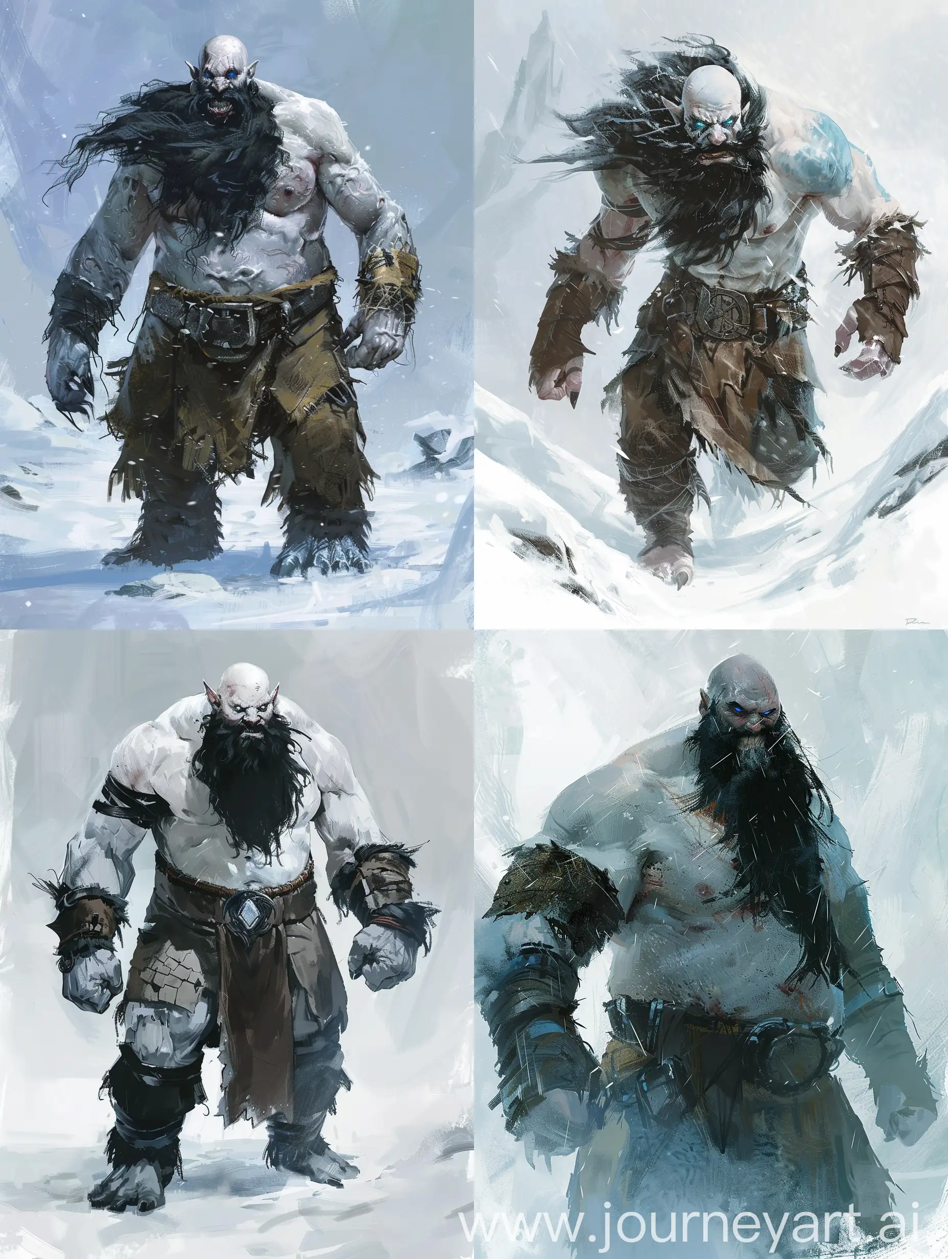 a D&D Concept art, of a uncharacteristically Overtly Friendly  goliath, around 7.5 feet tall and 325lbs, welcomingly and charmingly through his black wind blown beard as if happy to see an old friend. Bald head and pale skin nearing the color of snow. He has Icy Blue eyes that are