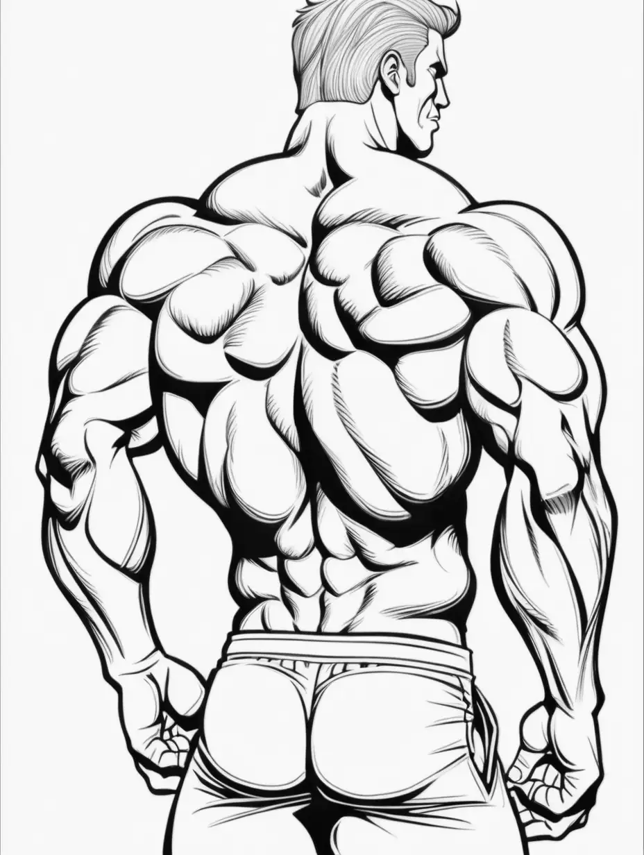 Muscular Bodybuilder Strikes Powerful Back Pose Coloring Book Illustration