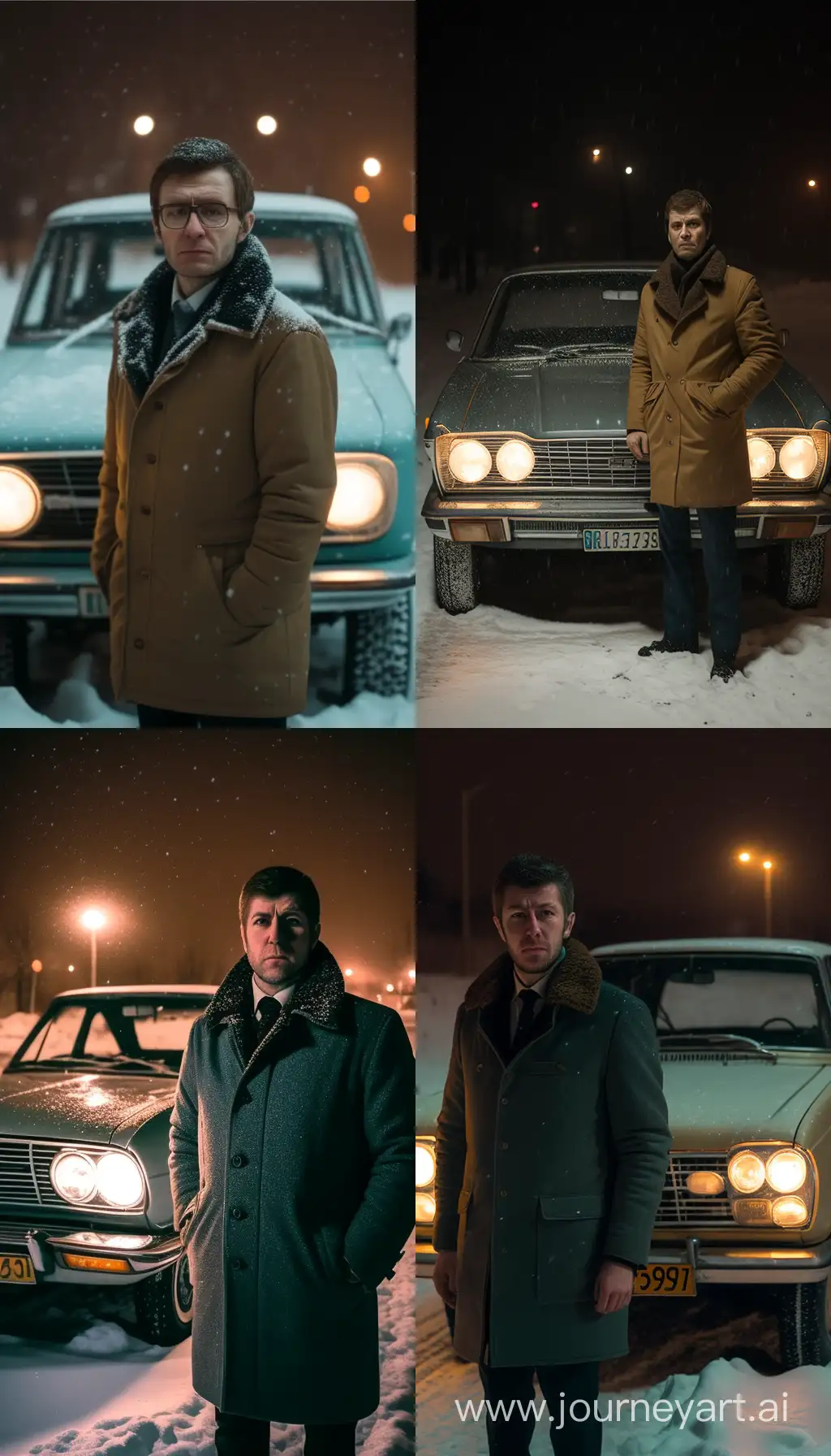 Stylish-Man-with-Vintage-Car-in-Snowy-USSR-Winter-Night