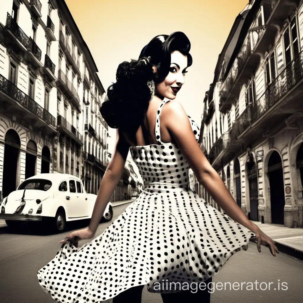 romantica milonguera is a pin up girl from buenos aires, dances tango, has black hair, wears white dress with black polka dots, and is travelling around europe