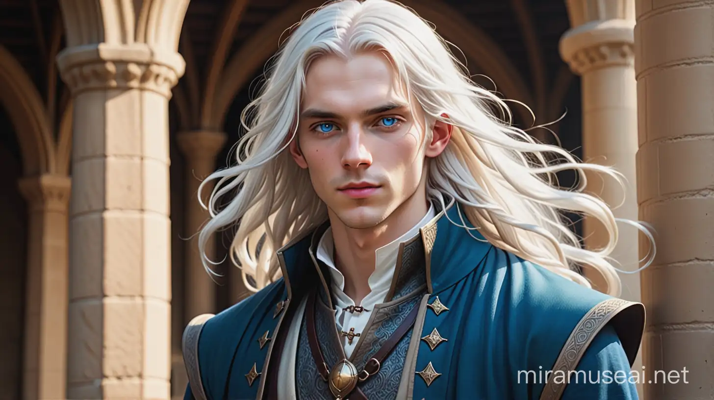 A blue-eyed young slim tall man with long white hair dressed in a medieval overcoat