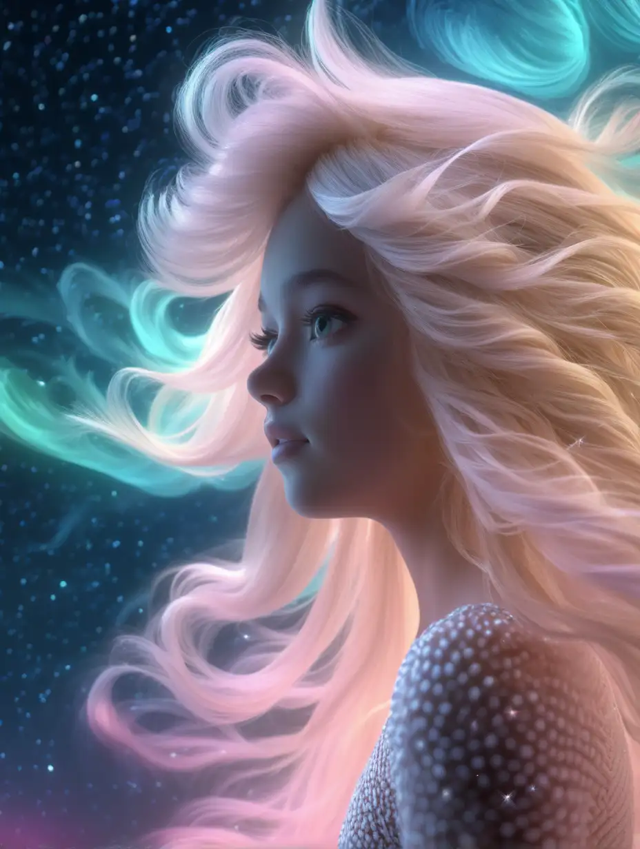 aurora. light particles. glowing hair. emphasizing fluffy frictioned texture in abstract background of clouds. sandpaper texture. texture mapping. Bump Mapping