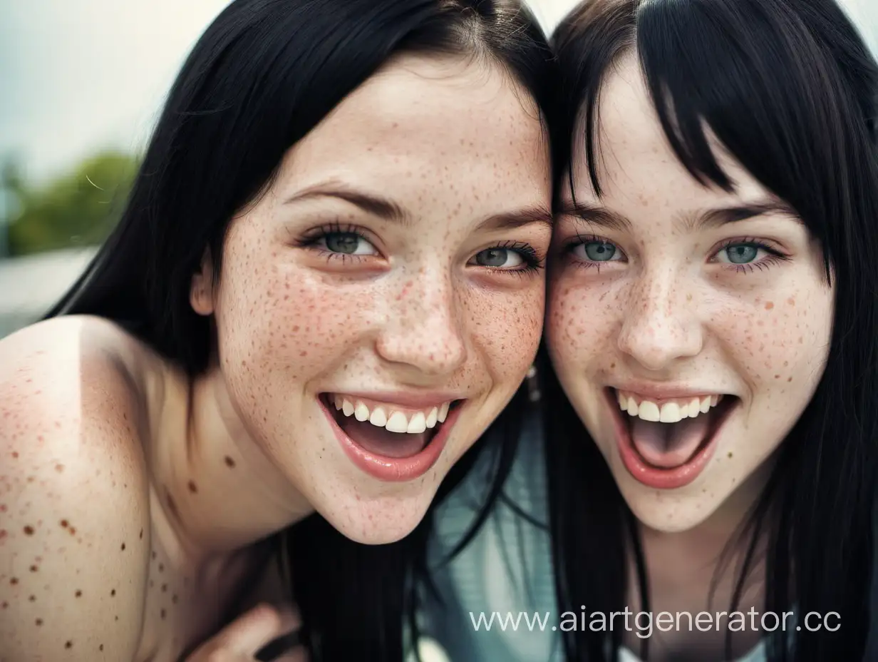 Adult, 2 girl, face close, freckled, black-hair, smile, tongue out