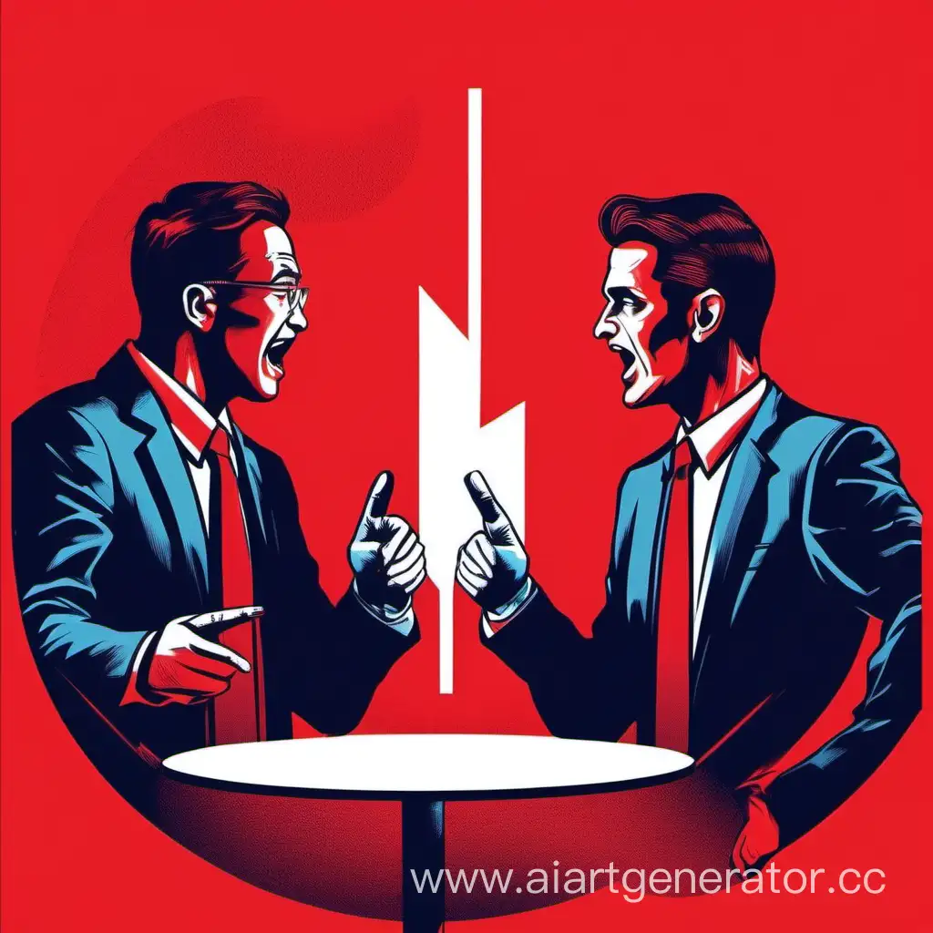 show a picture of two people having a debate in corporate graphic design with the red background