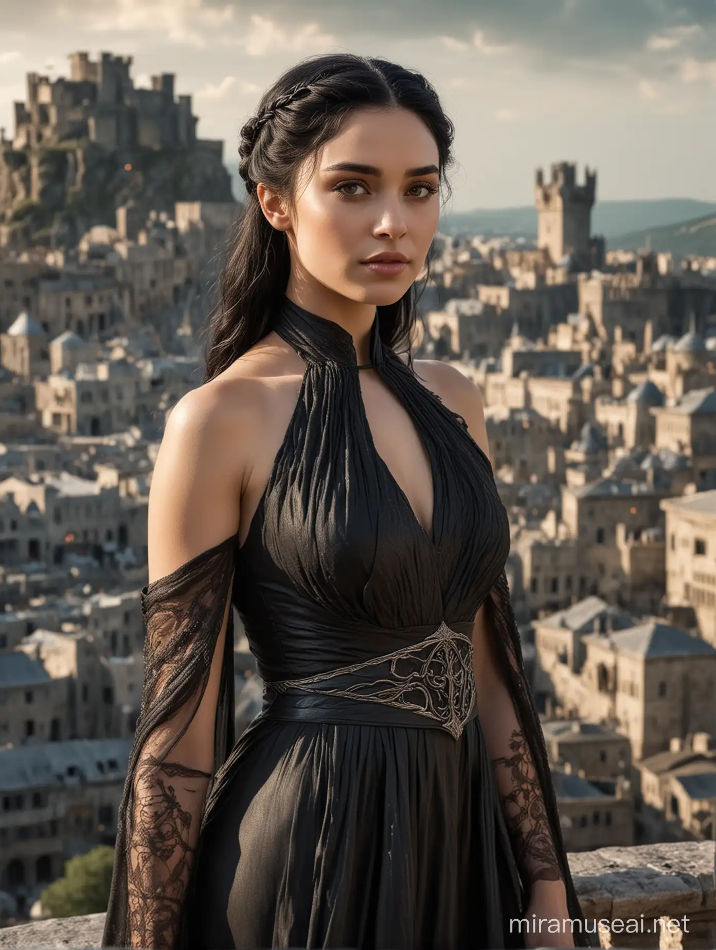 Valyrian woman, valyrian style black hair, cured skin, black valyrian style gown,in the background the city of Valyria 