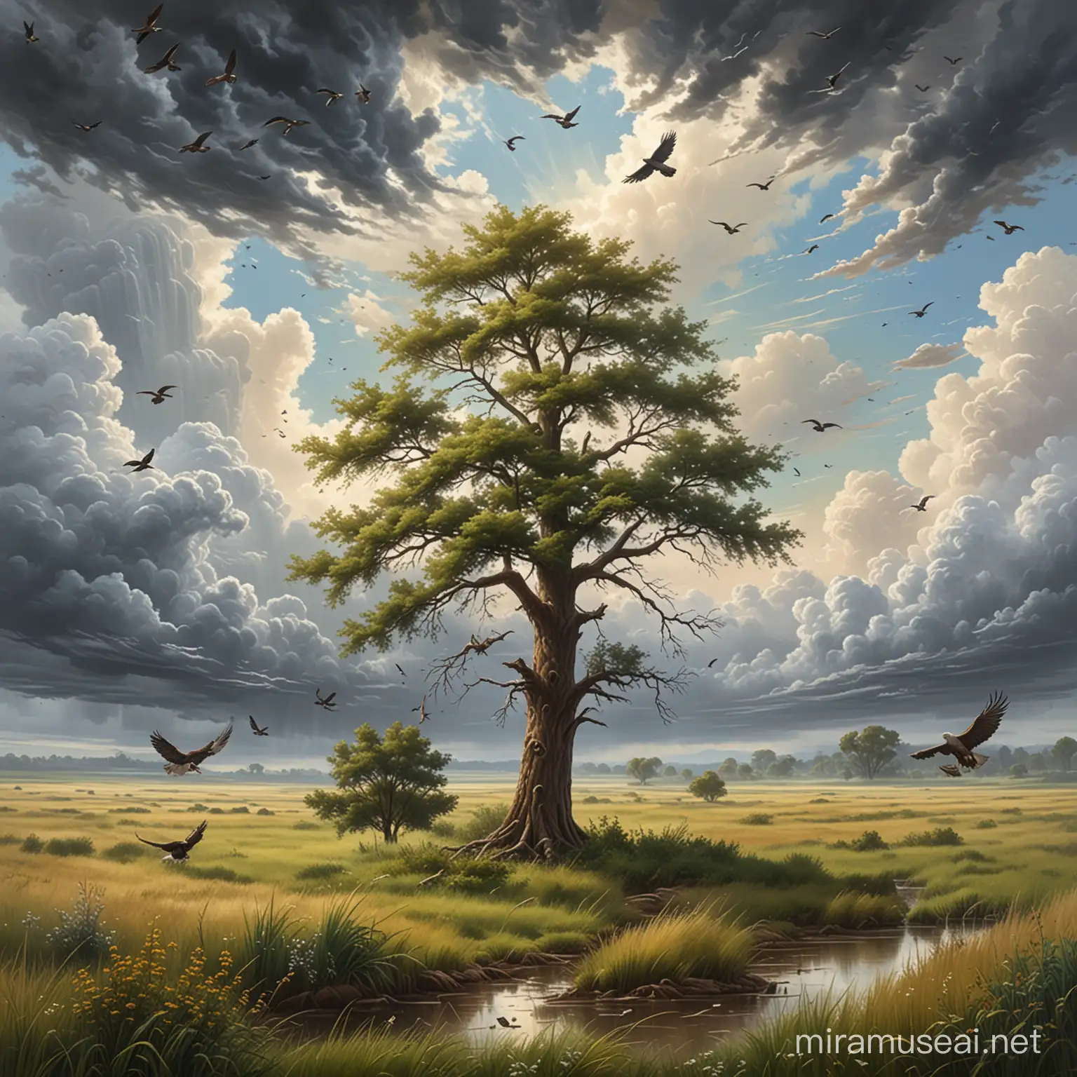 It is a painting or drawing showing the scene outdoors with a sky filled with clouds and birds like Giant eagles flying around. The image shows a tree standing in a field under a cloudy sky. It depicts an outdoor scene with grass and plants in a natural environment.