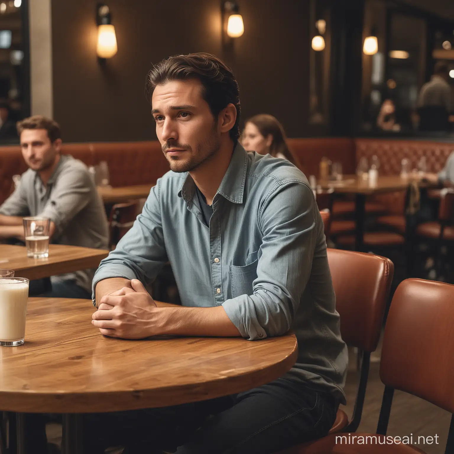 En man som sitter ensam vid ett bord på en restaurang, runt omkring honom sitter folk och pratar om umgås. han känner sig ensam
