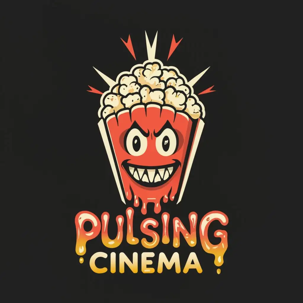 a logo design,with the text "Pulsing Cinema", main symbol:a bag of popcorn that has an evil demonic face on the front of it,Moderate,be used in Entertainment industry,clear background