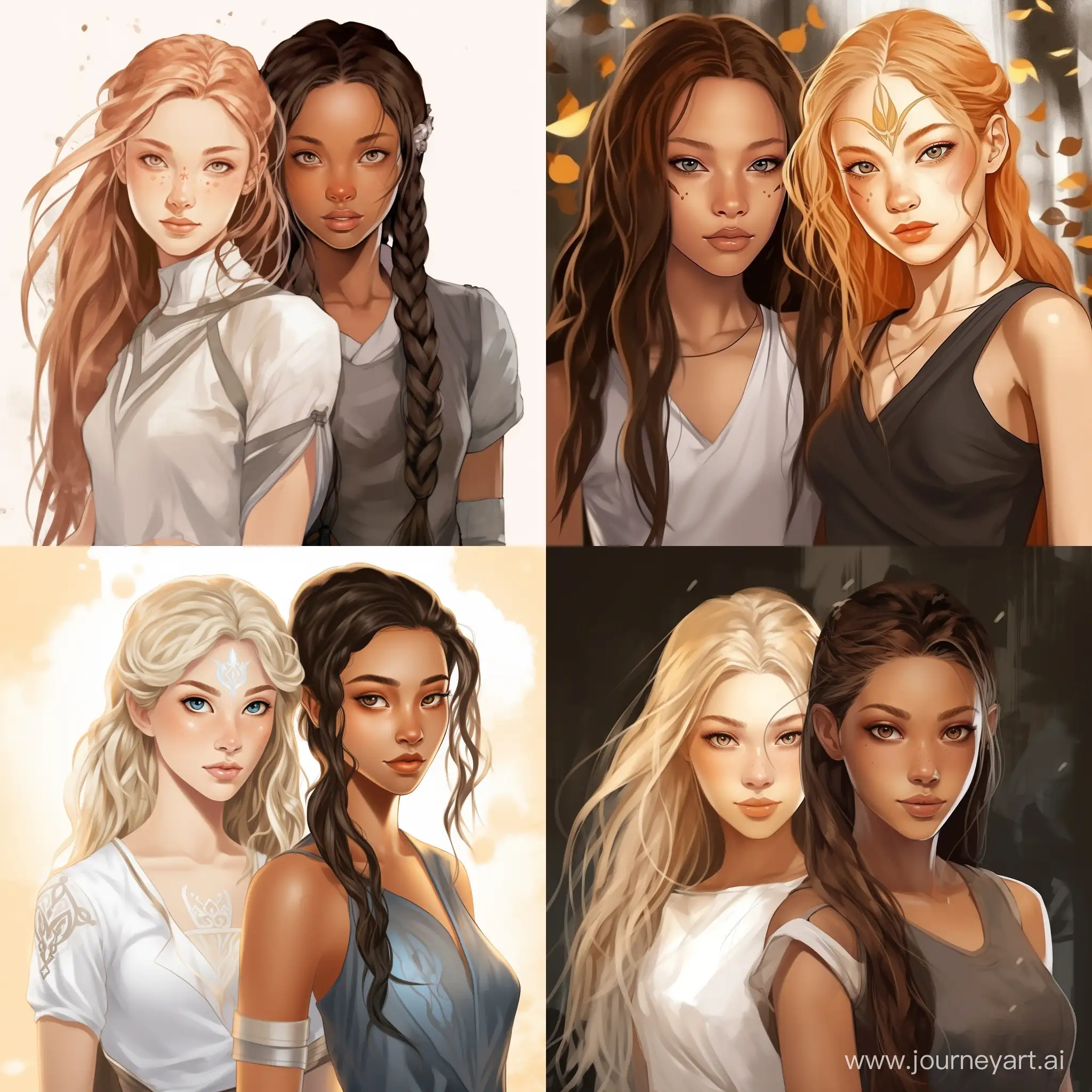 Two girls: beautiful girl with golden hair and clear blue eyes, white skin, teenager, 15 years old, Caucasian; beautiful girl with dark skin, blue eyes and dark hair, Asian; in the style of avatar legend of Aang, high quality, high detail, cartoon art