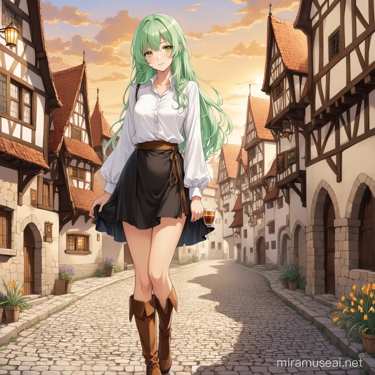 MatureFaced Woman in Modern Attire Amidst Medieval Cityscape