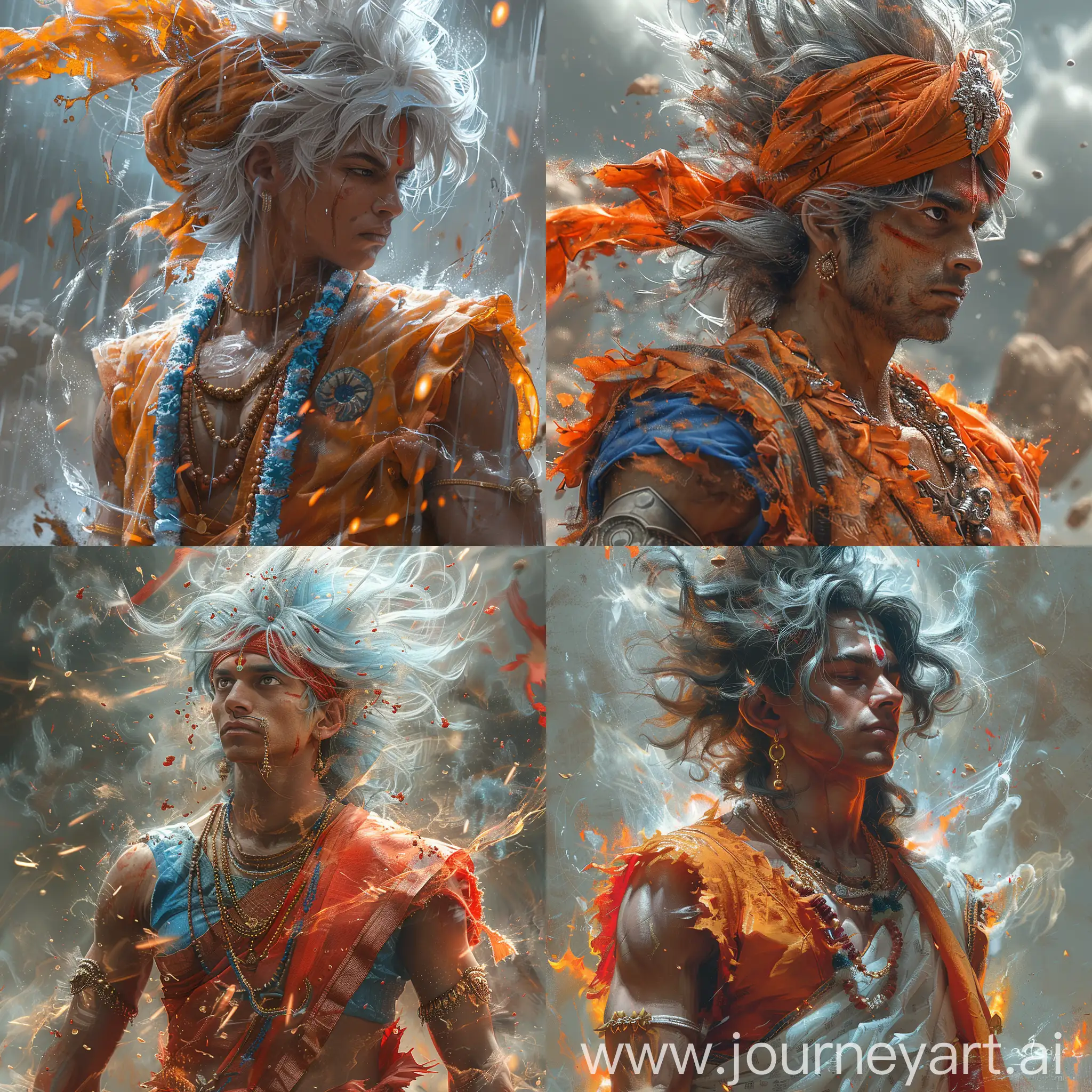Ultra Instinct Goku reimagined as a powerful Indian warrior, dynamic fighting pose, intense focused expression, ethereal aura swirling, profile portrait, traditional Indian attire fused with Saiyan armor, mythical ambiance, deep cultural influence --ar 1:1 --s 750 --v 6