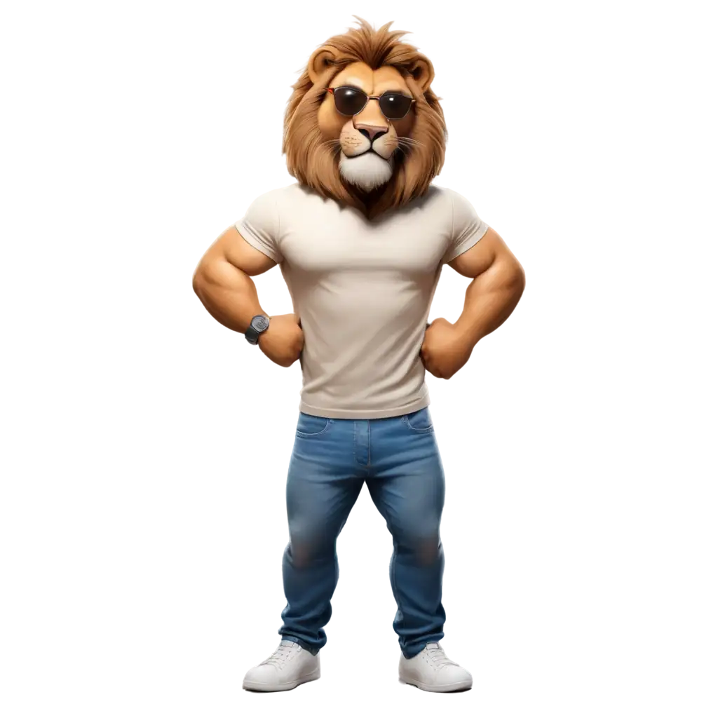Realistic buff lion, wearing sunglasses, jeans and a plain t-shirt, posing like a bodybuilder
