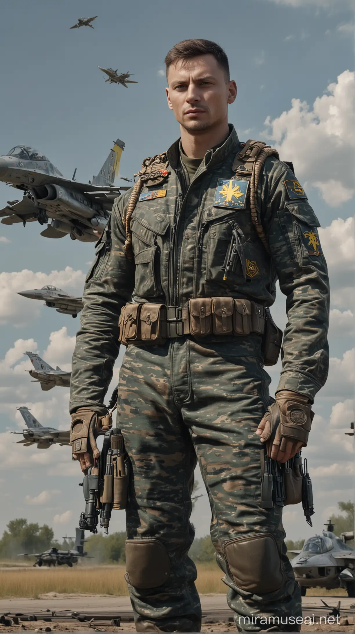  Українский Танкіст і  пілот с українською символікою в комуфляжній формі, танк Т-80 і літак F-16 .гіперреалістично,8к. В стилі кінематографії 

