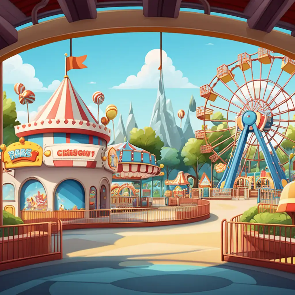 Vibrant Cartoon Amusement Park Scene with Exciting Rides and Attractions
