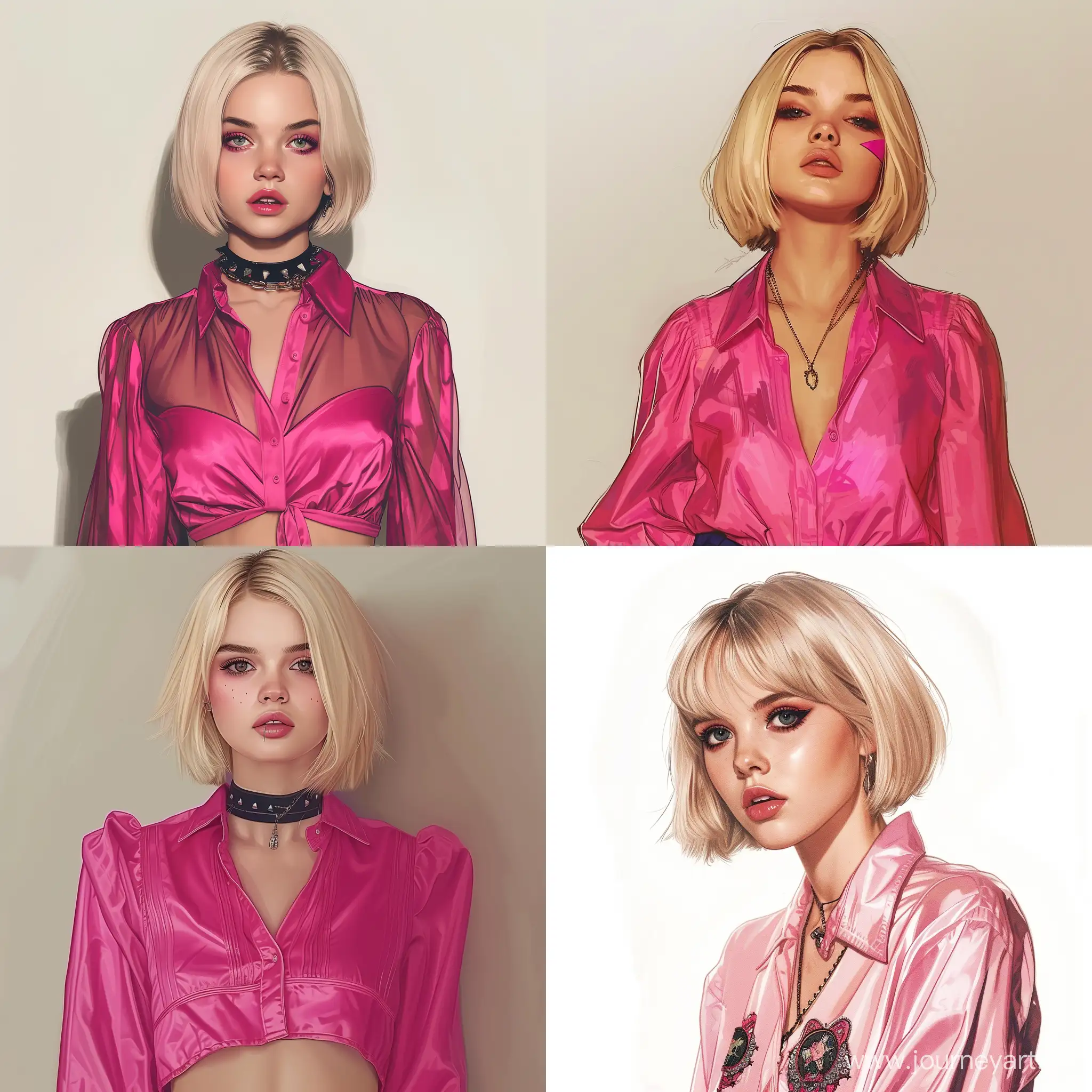 cute young blonde who looks like Drew Barrymore, realistic drawing, digital, straight short hair, bob bob, pink glam rock blouse, punk makeup --v 6 --ar 1:1 --no 92325