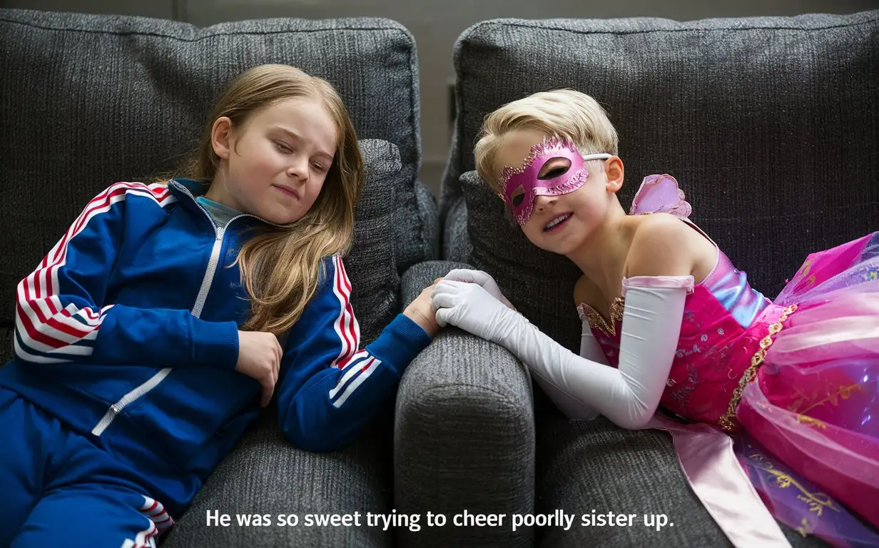 ((Gender role-reversal)), colourful Photograph, a 9-year-old girl with long hair with her brother, a cute little 5-year-old cute boy with short blonde hair, the girl is feeling unwell today and is sitting in a grey tracksuit and she is resting on a sofa, the boy is lying on the other side of the sofa, the boy is wearing a bright fairy princess dress with long silky gloves and a pink masquerade eye mask to cheer his sister up, cute smiles, adorable, perfect faces, perfect faces, clear faces, perfect eyes, clear eyes, perfect noses, smooth skin, the photograph is captioned “he was so sweet trying to cheer his poorly sister up”